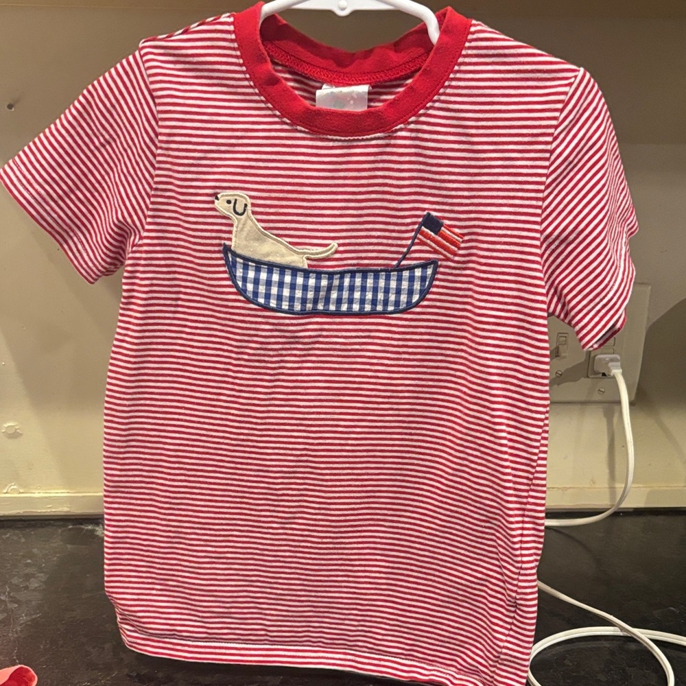 Red Striped short sleeve kids shirt with American flag and dog